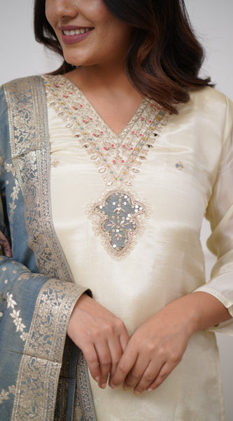 Festive Wear Off White Chanderi Kurta Pant Dupatta Set