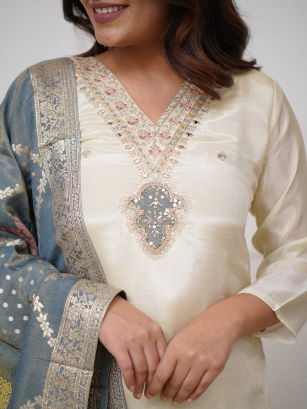 Festive Wear Off White Chanderi Kurta Pant Dupatta Set