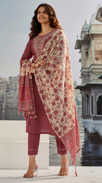Dusty Rose Embroidered Dresses with Vintage Floral Dupatta