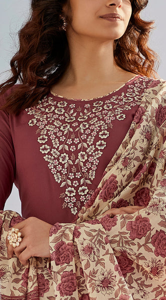 Dusty Rose Embroidered Dresses with Vintage Floral Dupatta