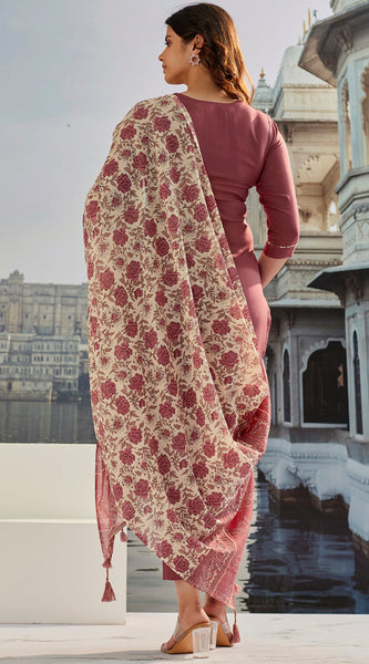 Dusty Rose Embroidered Dresses with Vintage Floral Dupatta