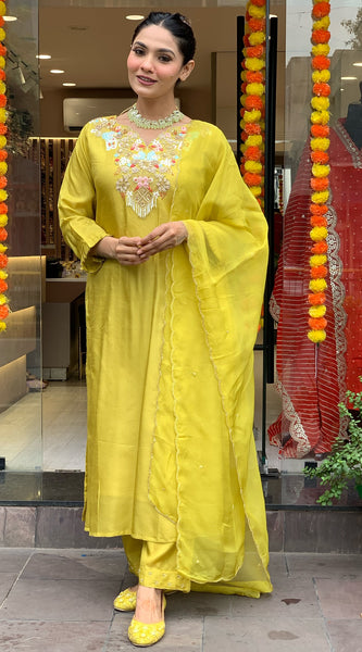 Festive Yellow Embroidered Ethnic Dress With Sheer Dupatta