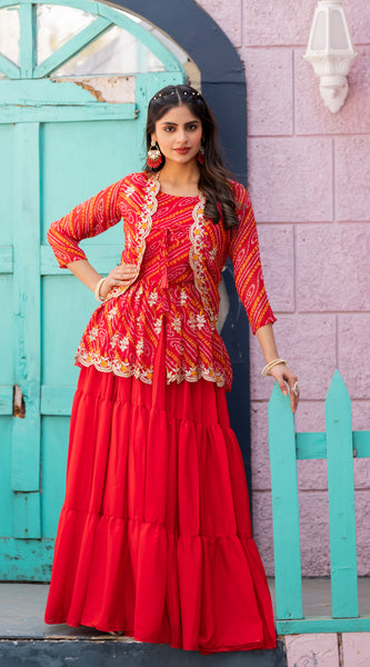 Bandhani Peplum  Embroidered Scallop Edging Western Wear