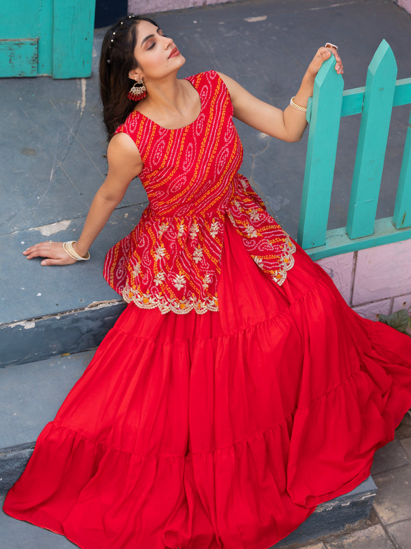 Bandhani Peplum  Embroidered Scallop Edging Western Wear