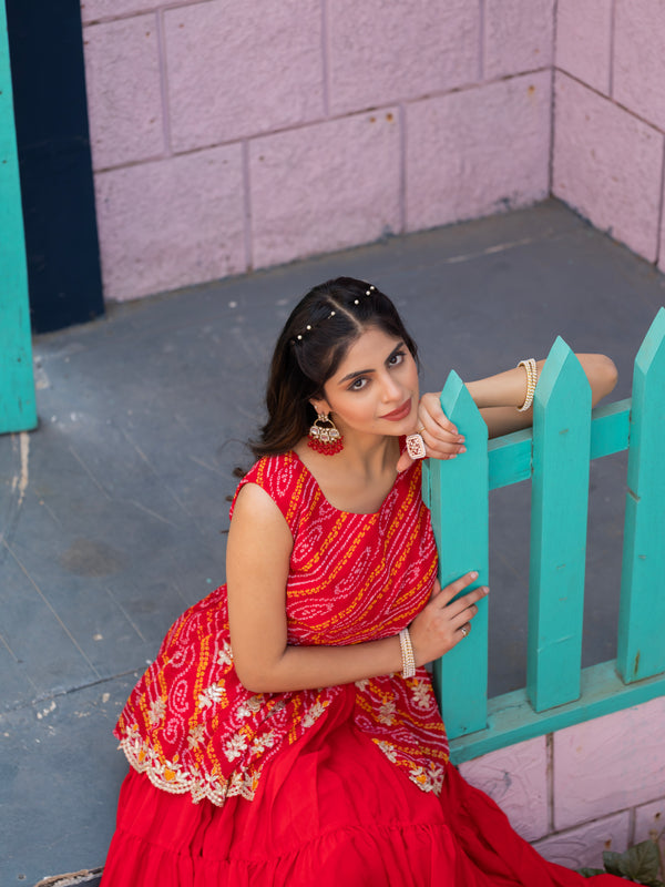 Bandhani Peplum  Embroidered Scallop Edging Western Wear