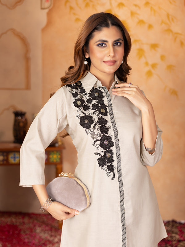 Floral Embroidered Shirt Collar Co-ord set