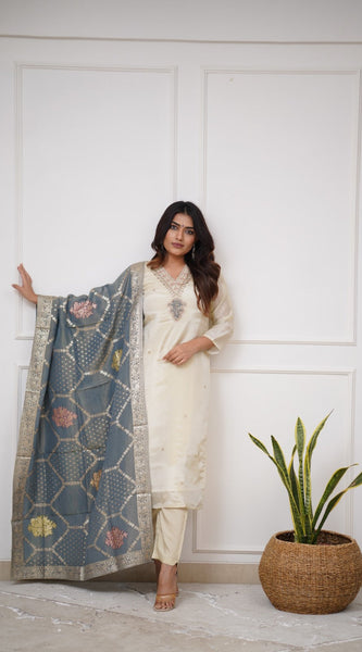 Festive Wear Off White Chanderi Kurta Pant Dupatta Set
