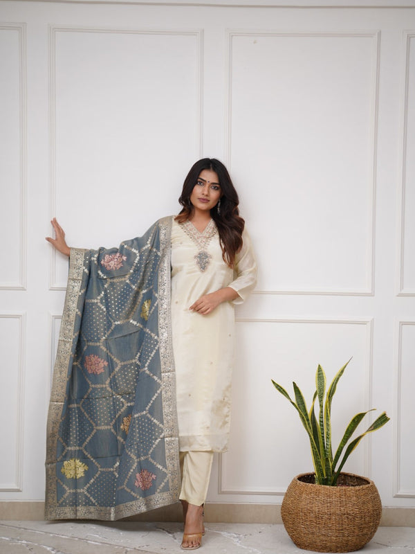 Festive Wear Off White Chanderi Kurta Pant Dupatta Set