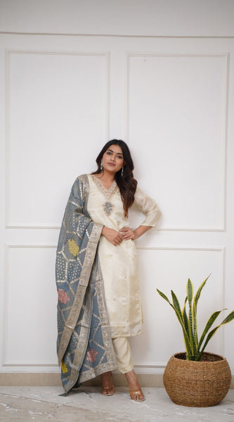 Festive Wear Off White Chanderi Kurta Pant Dupatta Set