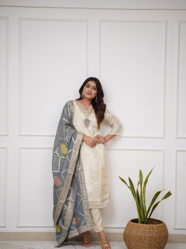 Festive Wear Off White Chanderi Kurta Pant Dupatta Set