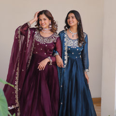 Silk Embroidered Anarkali Set with Dupatta