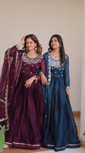 Silk Embroidered Anarkali Set with Dupatta