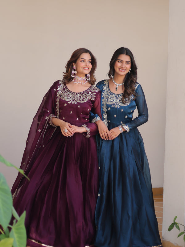 Silk Embroidered Anarkali Set with Dupatta