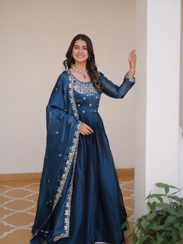 Silk Embroidered Anarkali Set with Dupatta