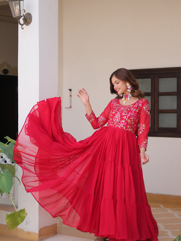 Thread Embroidered Georgette Lehenga