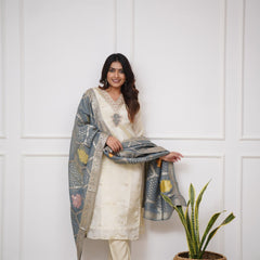 Festive Wear Off White Chanderi Kurta Pant Dupatta Set