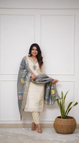 Festive Wear Off White Chanderi Kurta Pant Dupatta Set