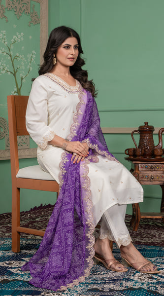 Ivory White Embroidered Dress with Contrasting Purple Dupatta