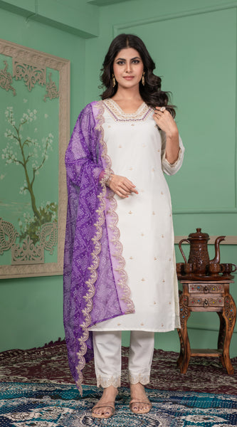 Ivory White Embroidered Dress with Contrasting Purple Dupatta