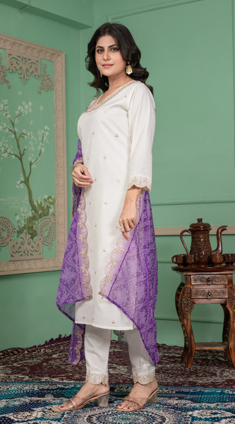 Ivory White Embroidered Dress with Contrasting Purple Dupatta