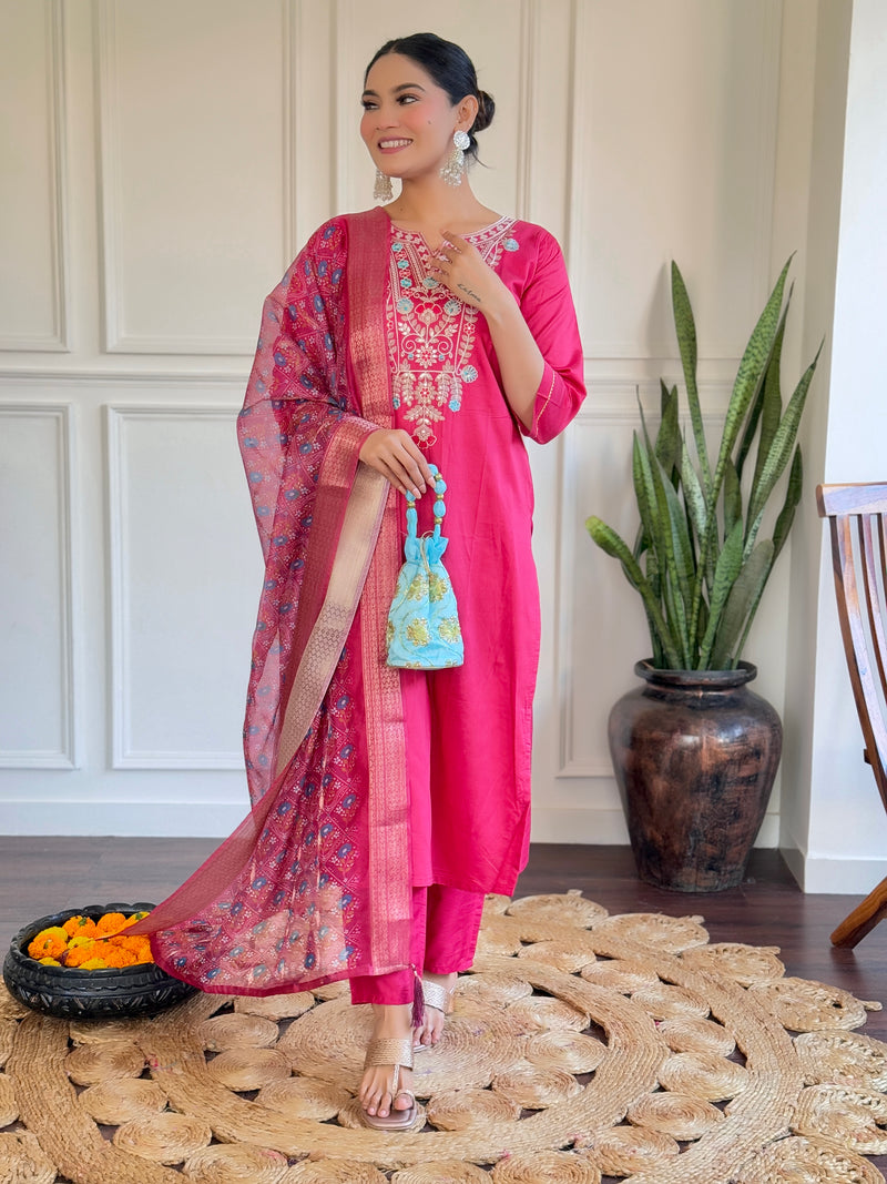 Women Embroidered Chanderi Straight Kurta Set