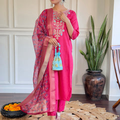 Women Embroidered Chanderi Straight Kurta Set