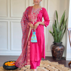 Women Embroidered Chanderi Straight Kurta Set