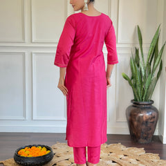 Women Embroidered Chanderi Straight Kurta Set