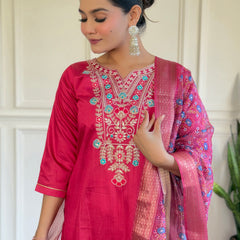 Women Embroidered Chanderi Straight Kurta Set