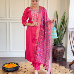 Women Embroidered Chanderi Straight Kurta Set