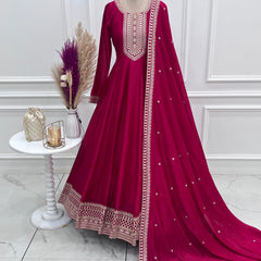 Dark Pink Pure Vichitra Silk Anarkali Lehenga