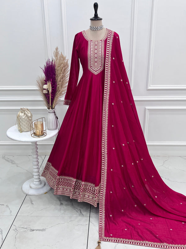 Dark Pink Pure Vichitra Silk Anarkali Lehenga
