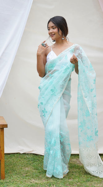 Pure Organza Silk Embroidered with Heavy Border Work  Saree