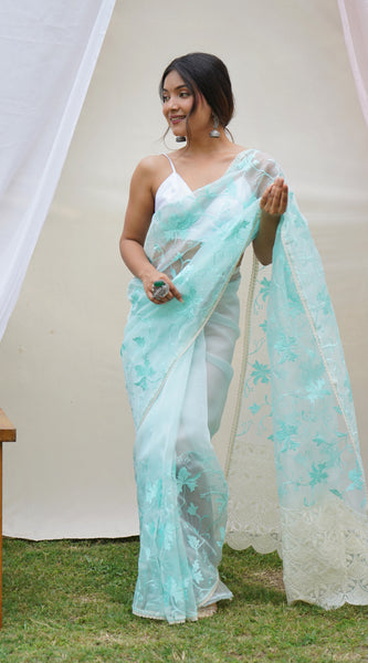 Pure Organza Silk Embroidered with Heavy Border Work  Saree