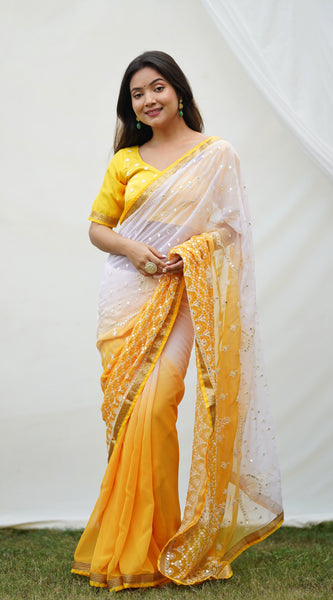 Yellow&White 2 Shade Sequence Embroidery Work Georgette Saree