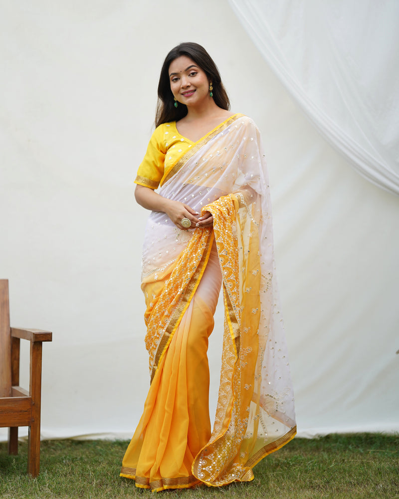 Yellow&White 2 Shade Sequence Embroidery Work Georgette Saree