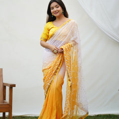 Yellow&White 2 Shade Sequence Embroidery Work Georgette Saree
