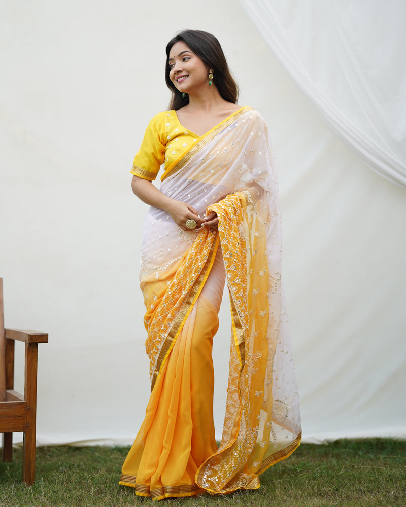 Yellow&White 2 Shade Sequence Embroidery Work Georgette Saree