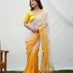 Yellow&White 2 Shade Sequence Embroidery Work Georgette Saree