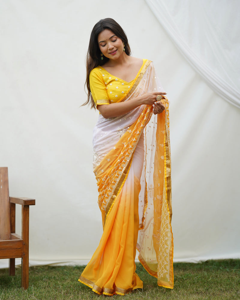 Yellow&White 2 Shade Sequence Embroidery Work Georgette Saree