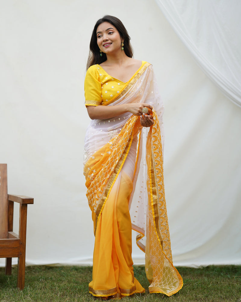 Yellow&White 2 Shade Sequence Embroidery Work Georgette Saree