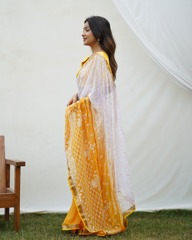 Yellow&White 2 Shade Sequence Embroidery Work Georgette Saree