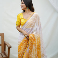Yellow&White 2 Shade Sequence Embroidery Work Georgette Saree