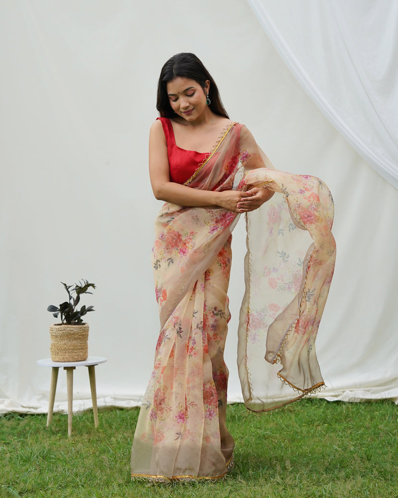 Floral Beads and Stones Organza Saree