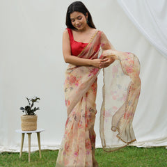 Floral Beads and Stones Organza Saree
