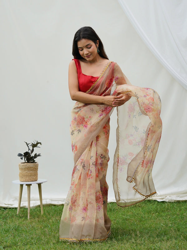 Floral Beads and Stones Organza Saree