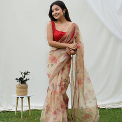 Floral Beads and Stones Organza Saree