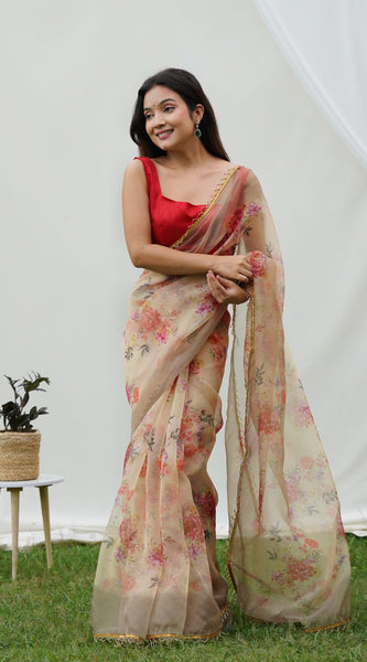 Floral Beads and Stones Organza Saree