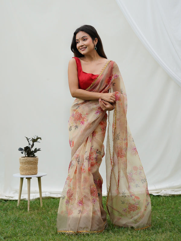 Floral Beads and Stones Organza Saree