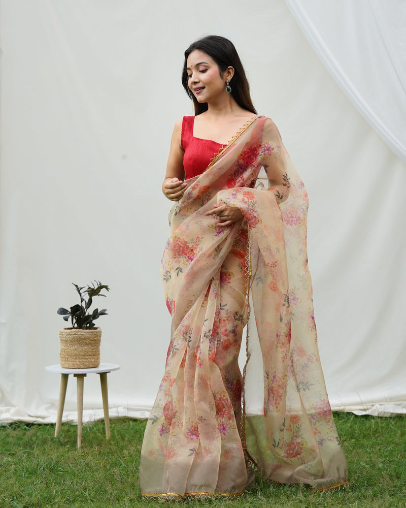 Floral Beads and Stones Organza Saree